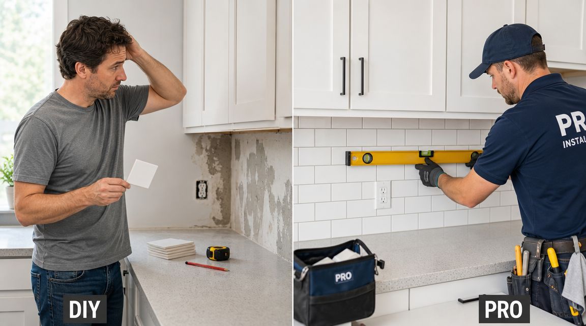 A split screen comparing a confused DIY homeowner and a professional installer measuring a kitchen backsplash.
