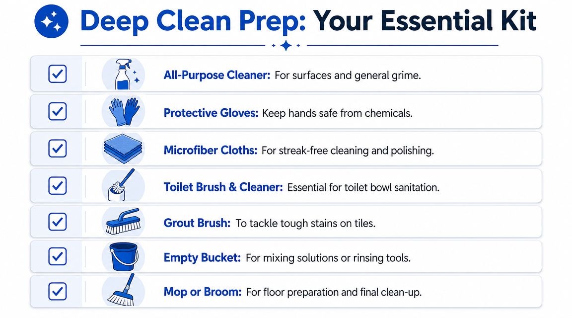 A checklist showing essential cleaning supplies like gloves, microfiber cloths, and brushes for a deep clean.