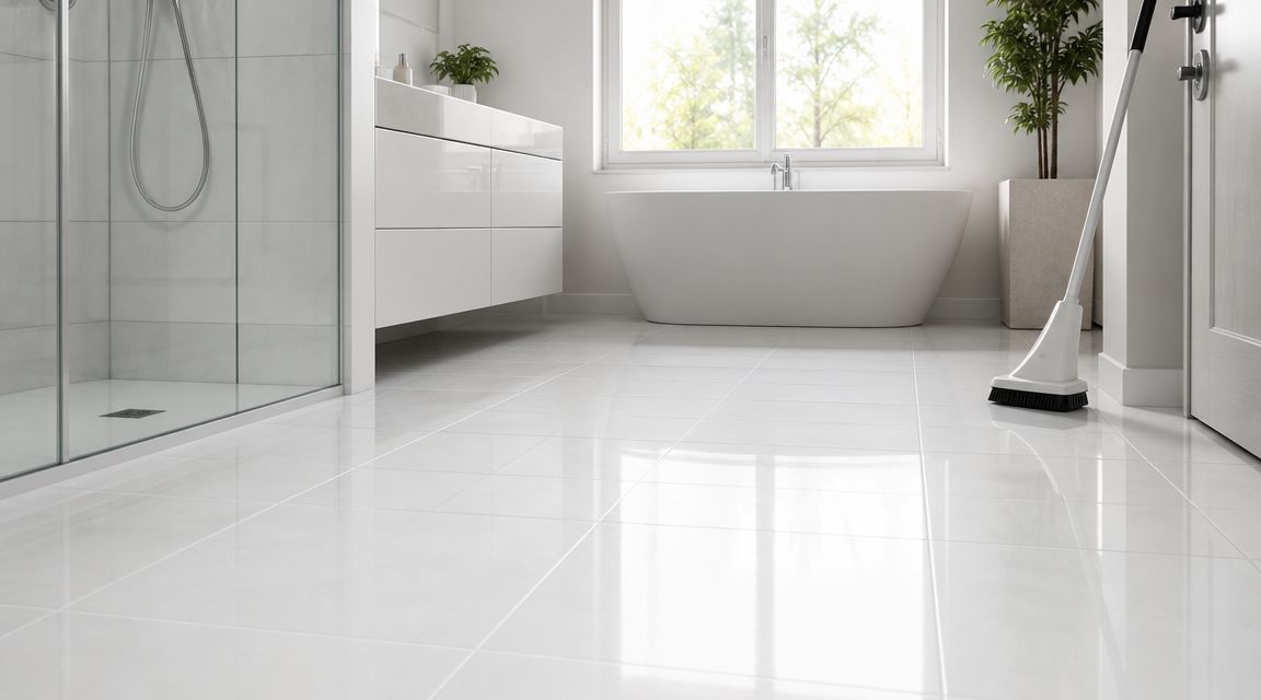 A clean modern bathroom with white tiled floors, a soaking tub, and a floor cleaning brush.