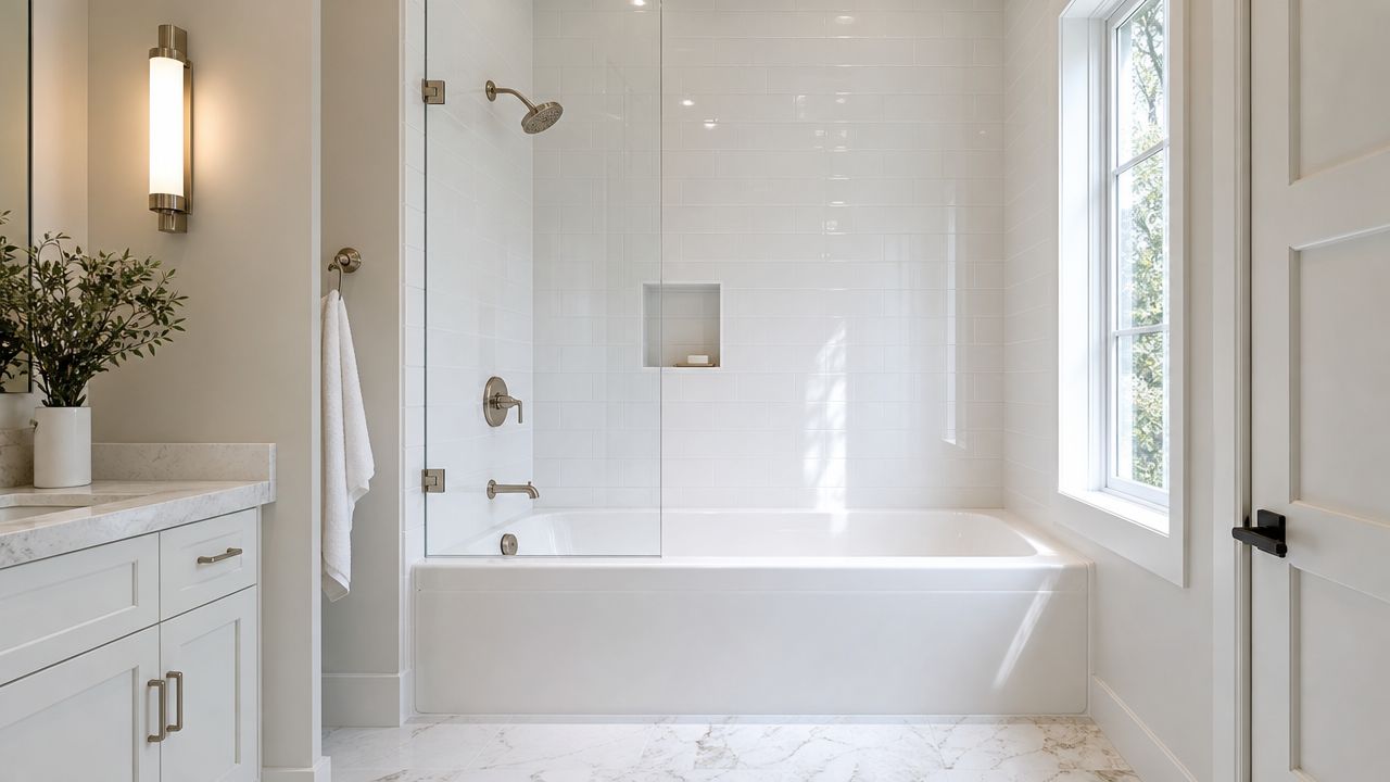 A modern, bright bathroom with a white tiled bathtub, a glass shower panel, and a marble countertop.