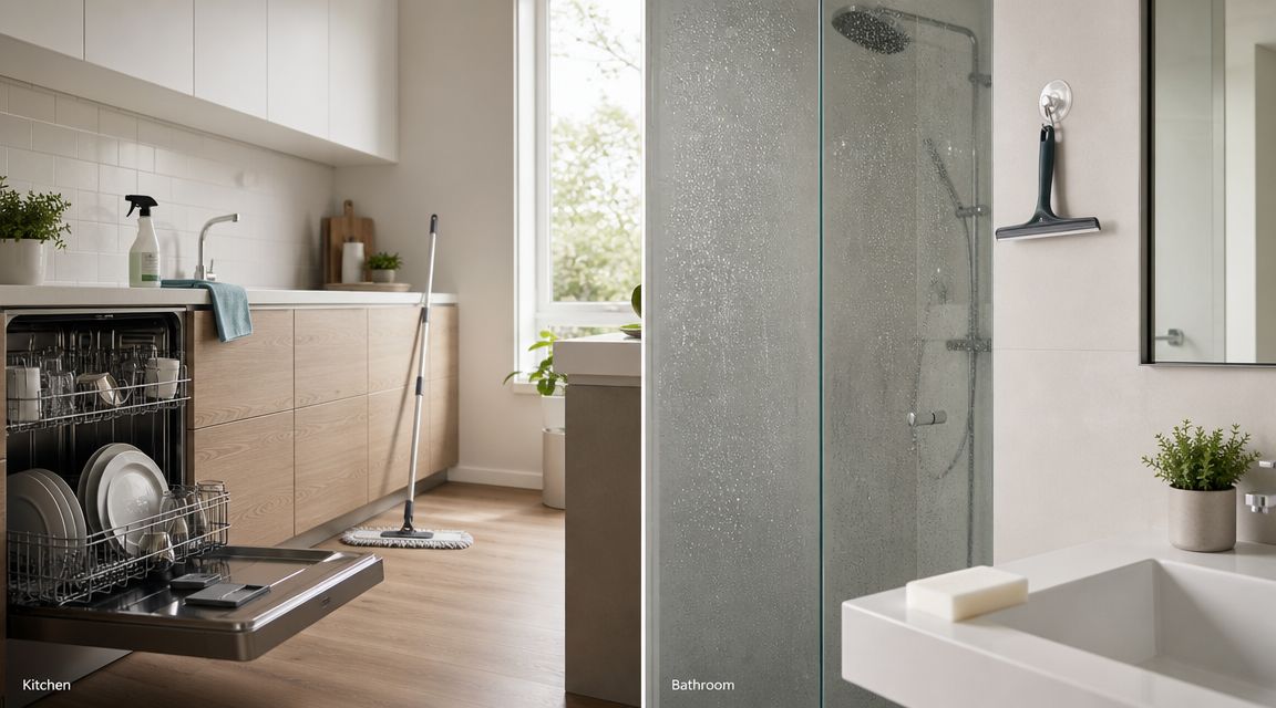A split-screen view showing a clean kitchen with an open dishwasher and a bathroom with a shower.