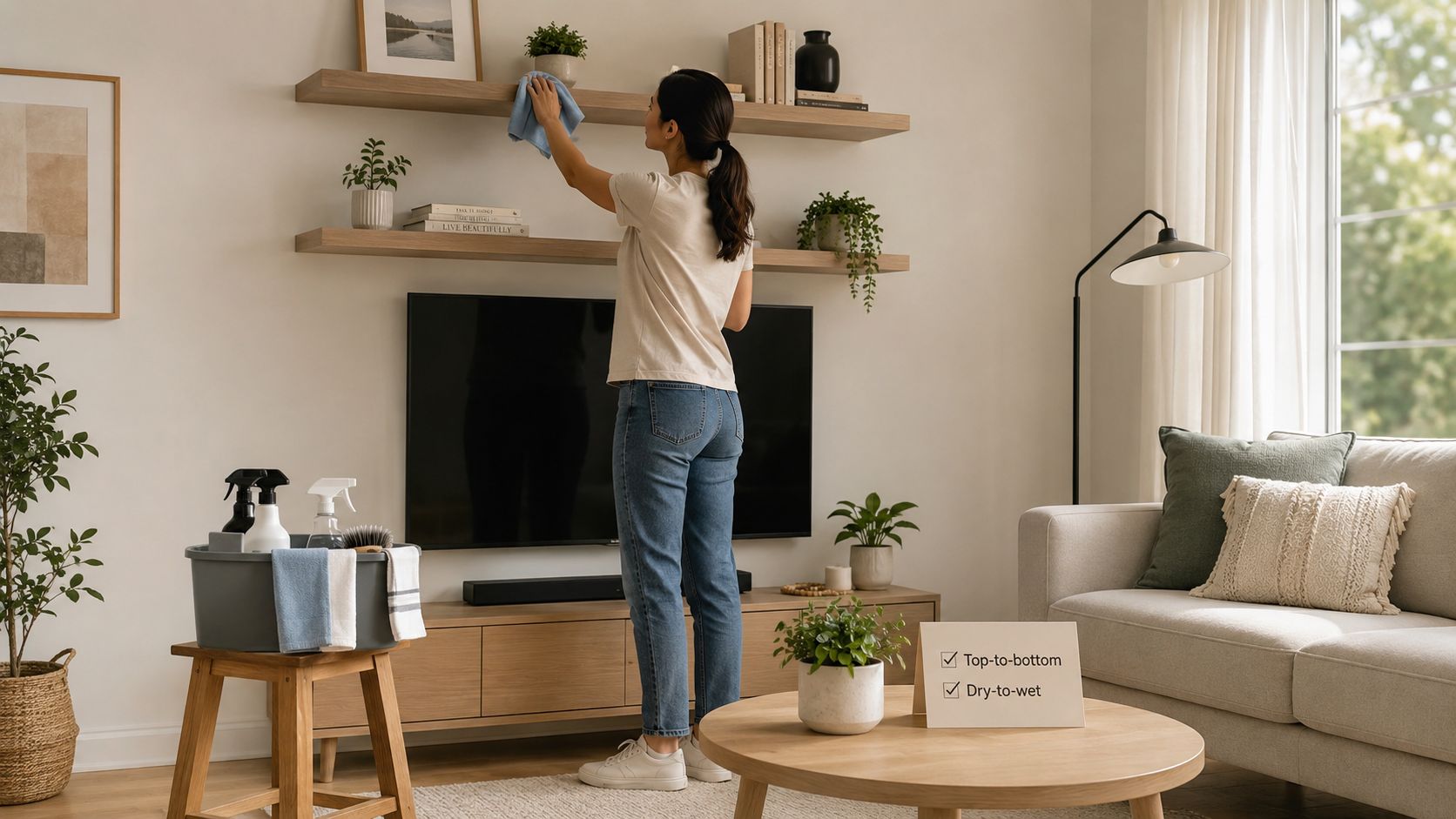 A woman cleaning shelves in a modern living room while following professional house cleaning tips.
