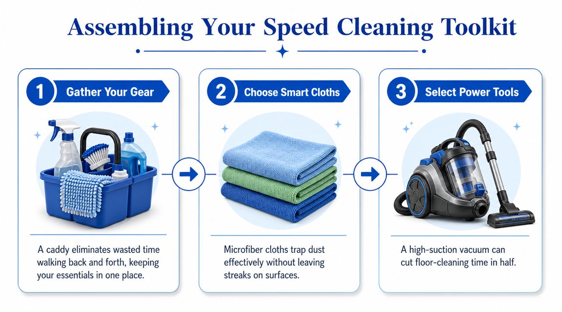 An infographic titled Assembling Your Speed Cleaning Toolkit showing three steps including gathering supplies, using microfiber cloths, and vacuuming.