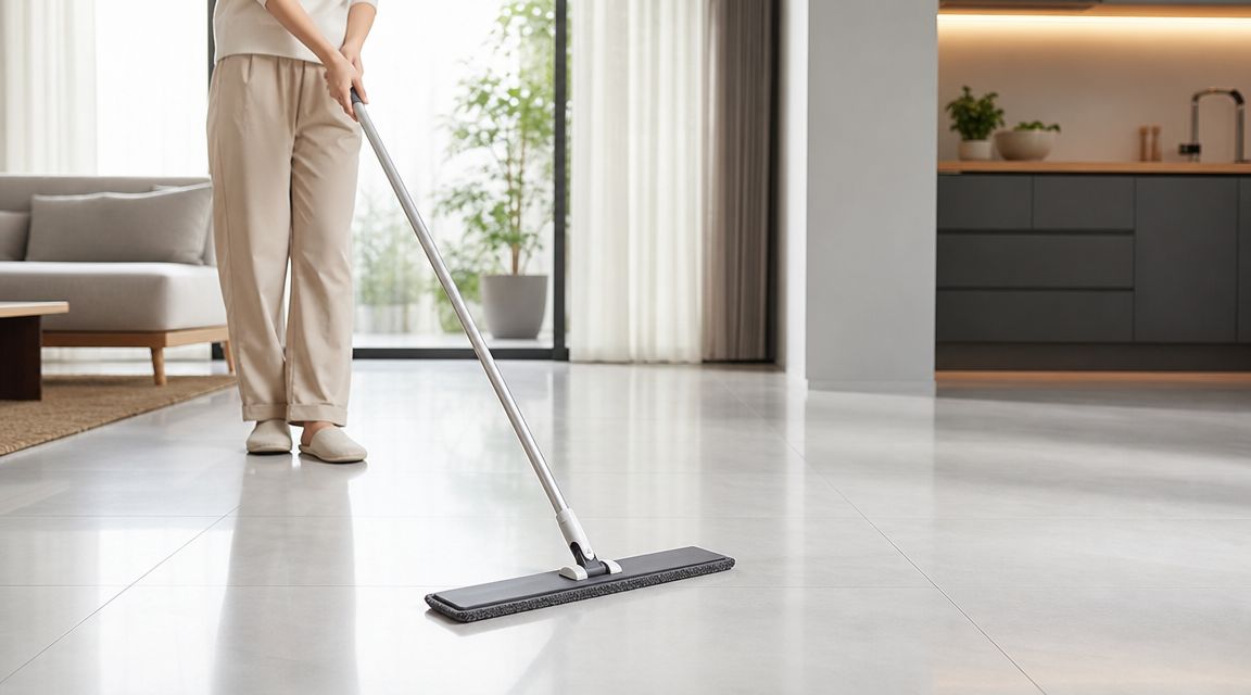 A person cleaning a polished white tile floor with a flat mop in a bright home interior.