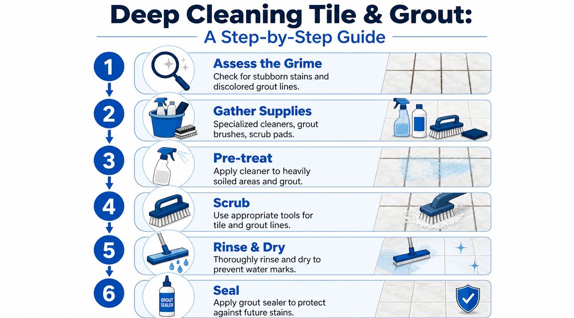 A six-step infographic guide illustrating the process of deep cleaning tile and grout flooring professionally.