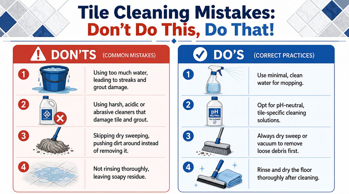 An infographic showing common tile cleaning mistakes to avoid and recommended correct practices for clean floors.
