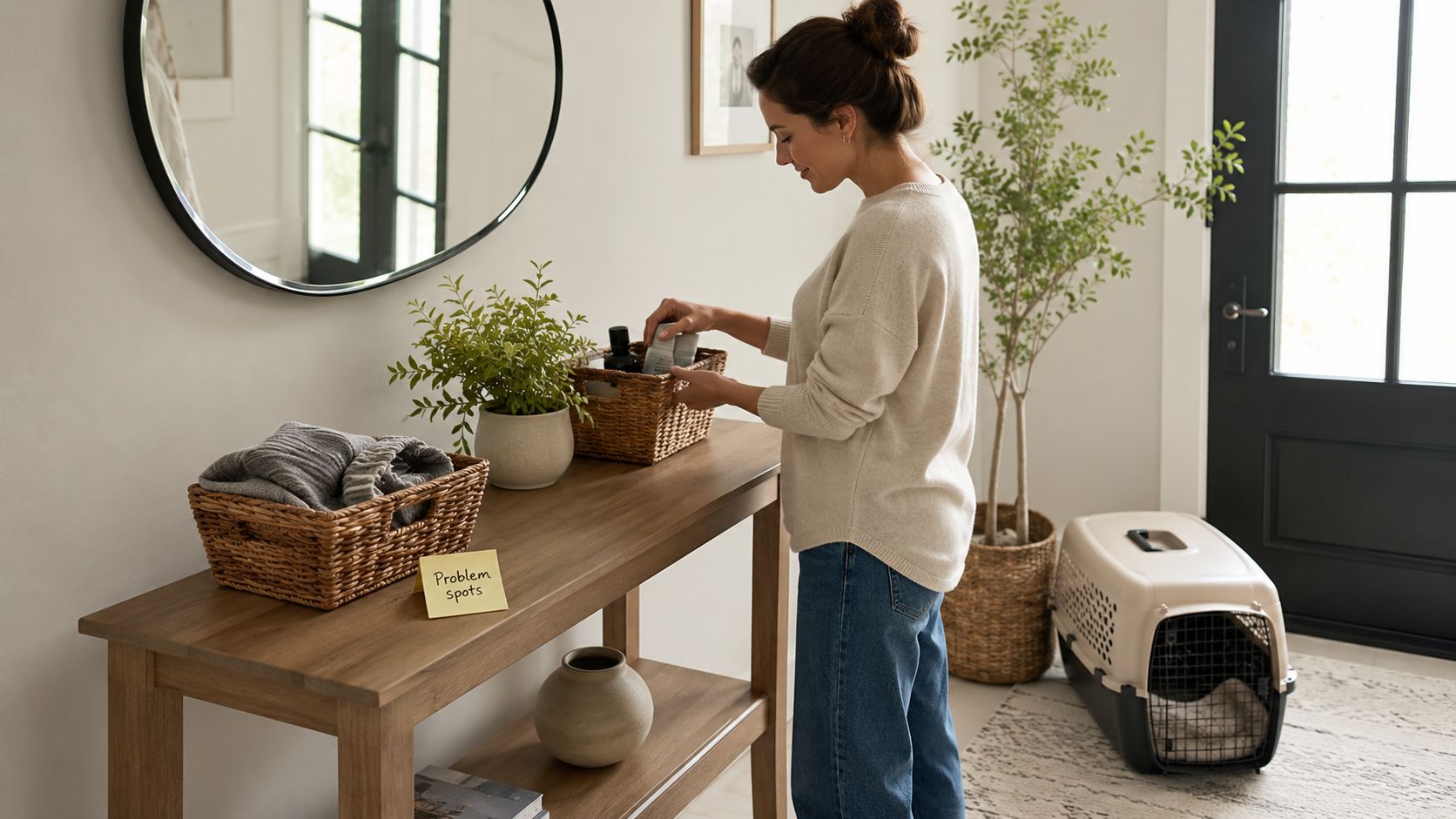 A woman organizing items in baskets on a console table in a bright, modern living space.