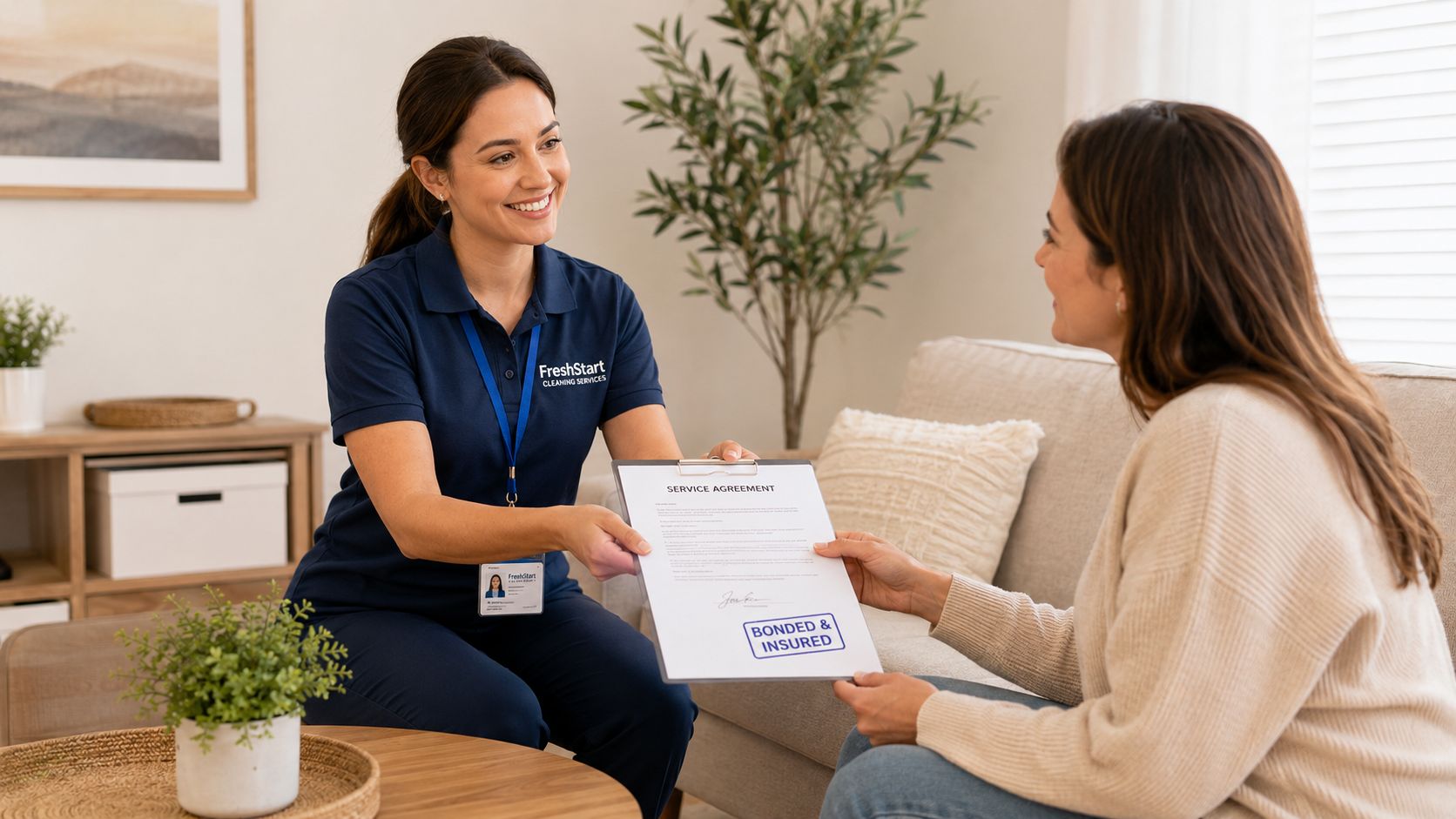 A professional cleaning service worker presenting a service agreement to a client in a living room.