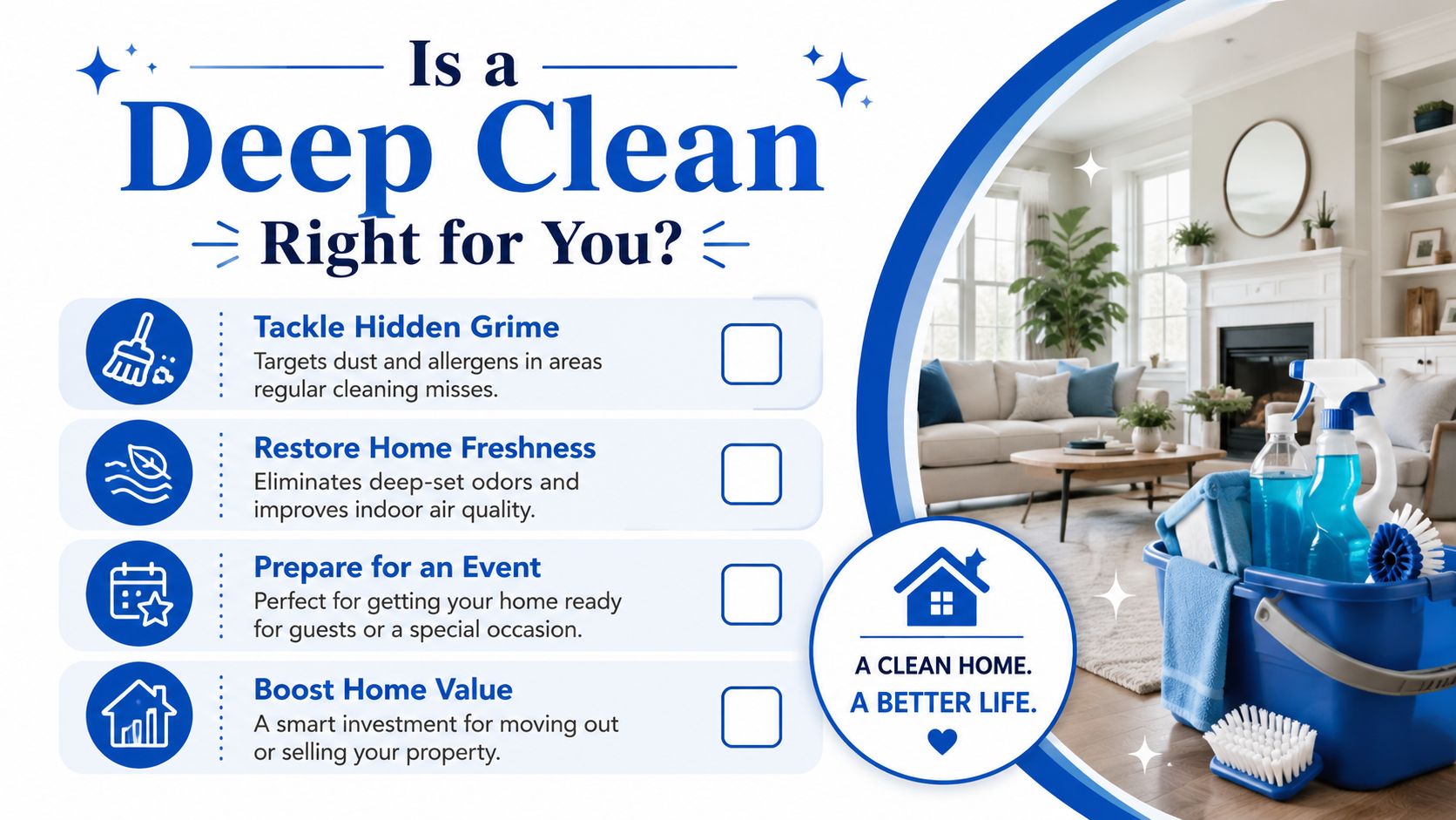 An infographic titled Is a Deep Clean Right for You featuring four benefits and cleaning supplies.