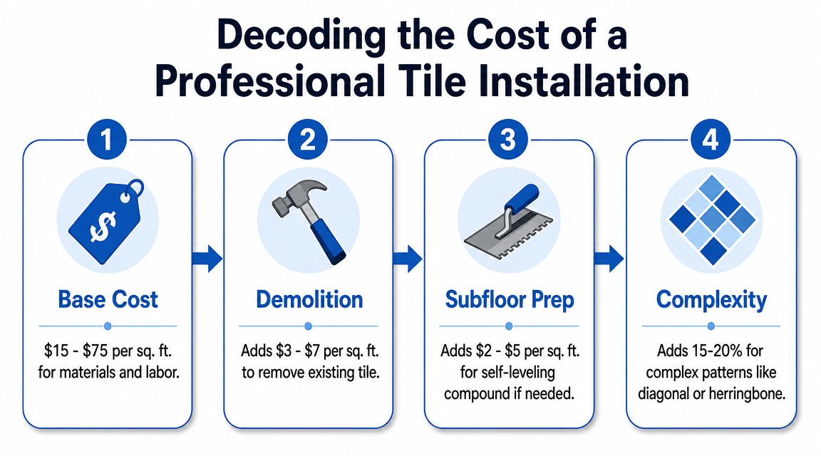 An infographic detailing the four key cost factors involved in a professional tile installation project.