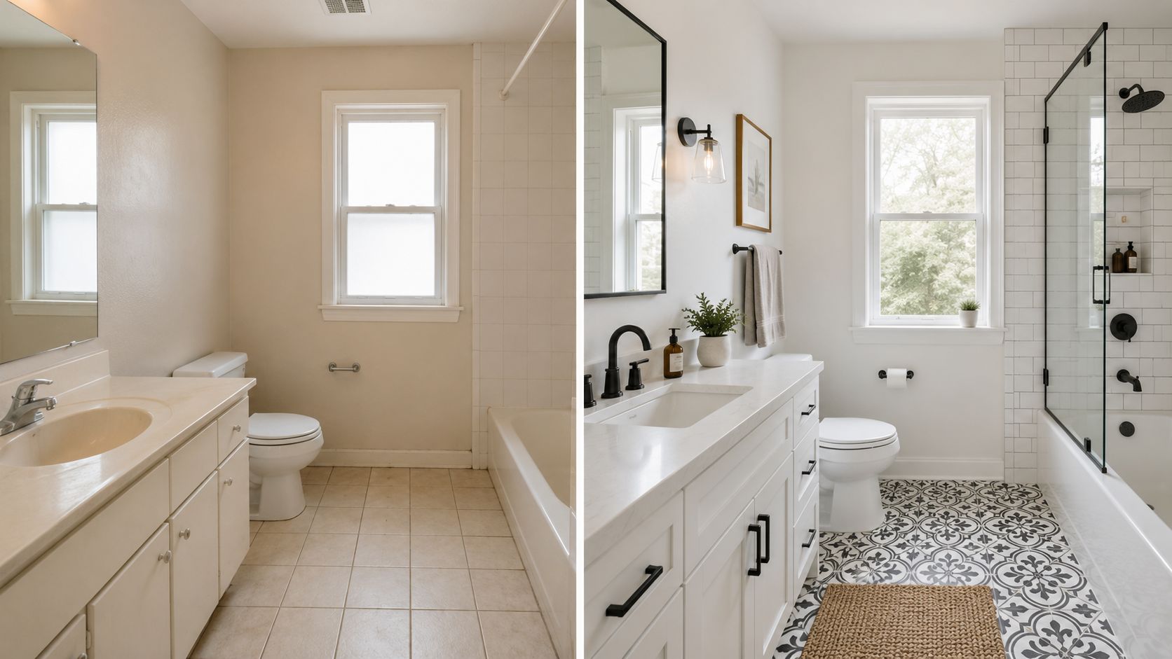 A split image showing a dated beige bathroom before renovation and a modern updated bathroom after remodeling.