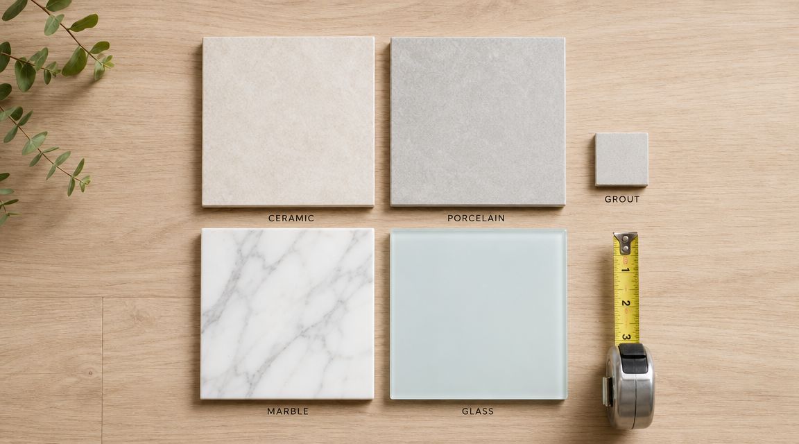 A top-down view of various tile samples including ceramic, porcelain, marble, glass, and grout with a tape measure.