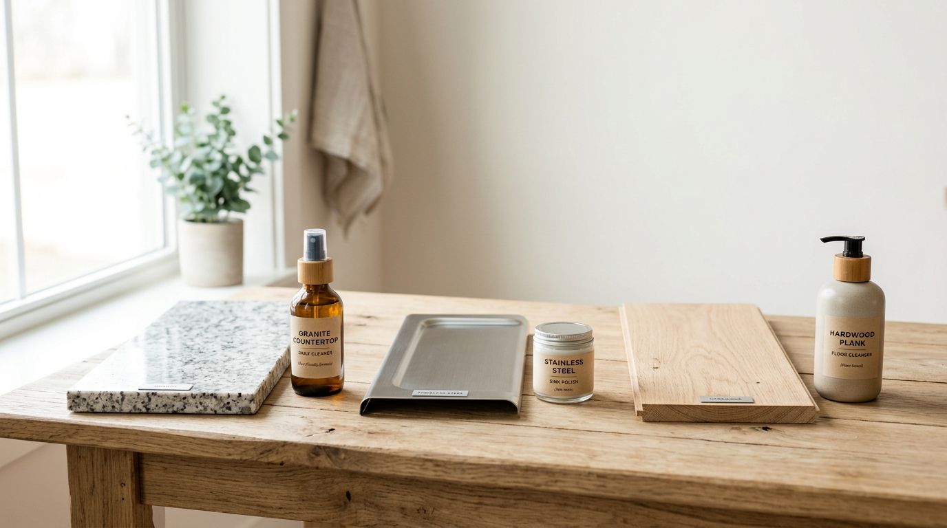 A wooden table featuring eco-friendly cleaning supplies for granite, stainless steel, and hardwood surfaces.