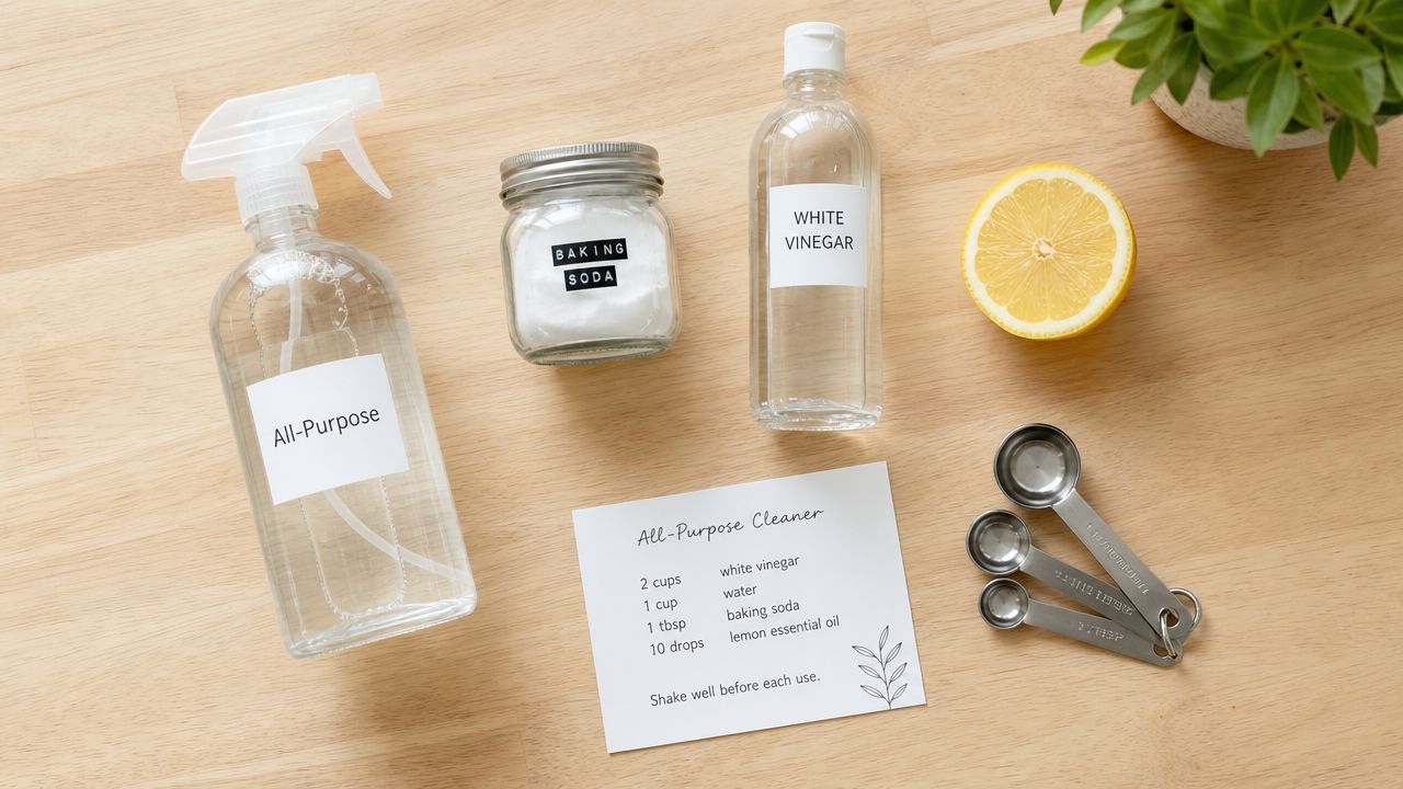 Ingredients and a recipe card for making a DIY eco-friendly all-purpose cleaner on a wooden table.