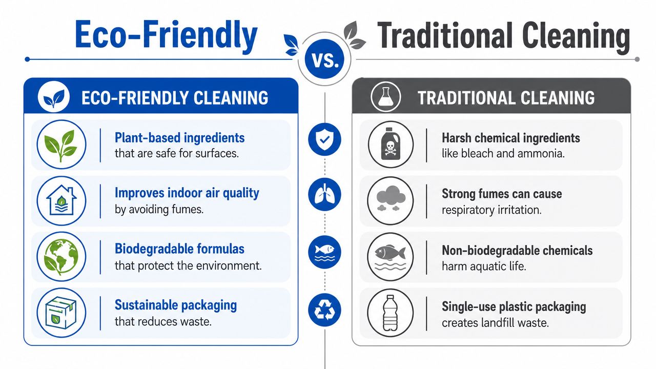 A comparison infographic between eco-friendly cleaning methods and traditional cleaning products highlighting environmental and health differences.
