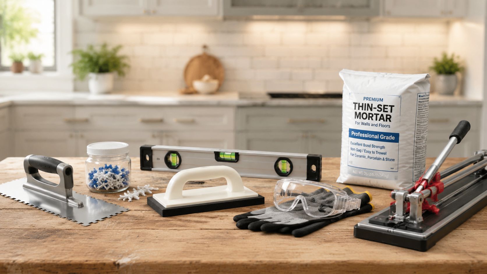 Professional tile installation tools including mortar, trowel, level, spacers, and cutter on a wooden table.