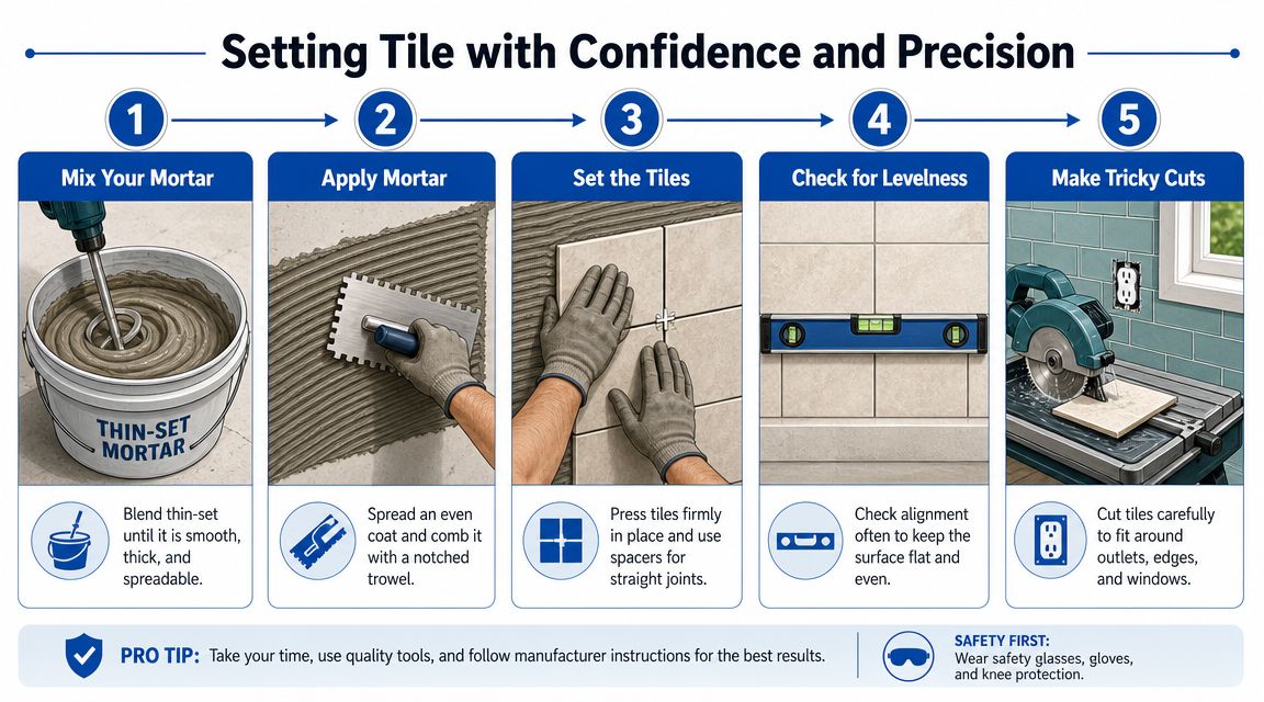 A five-step infographic showing how to install tile with mortar, spacers, a level, and a saw.