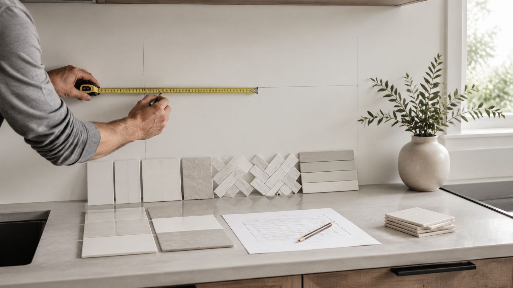 A person measuring a kitchen backsplash area with a tape measure to prepare for tile installation.
