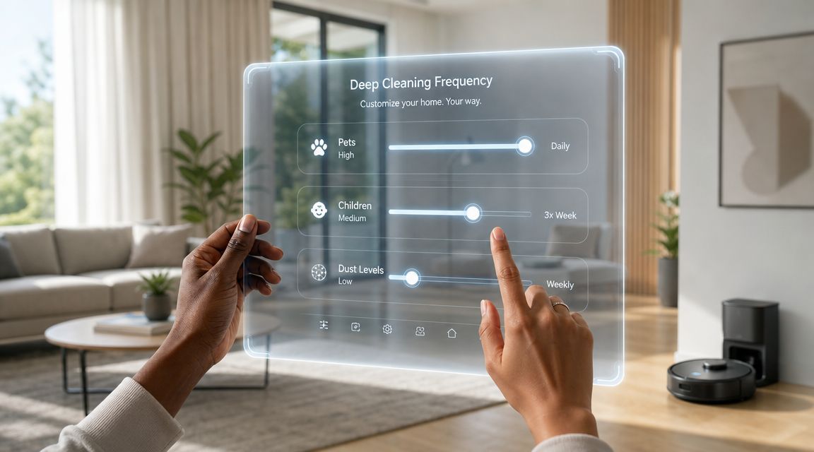 A person using a transparent digital interface to adjust household deep cleaning frequency settings in their living room.