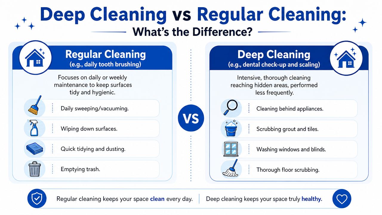 An infographic comparing regular and deep cleaning, outlining their key differences, tasks, and maintenance benefits.