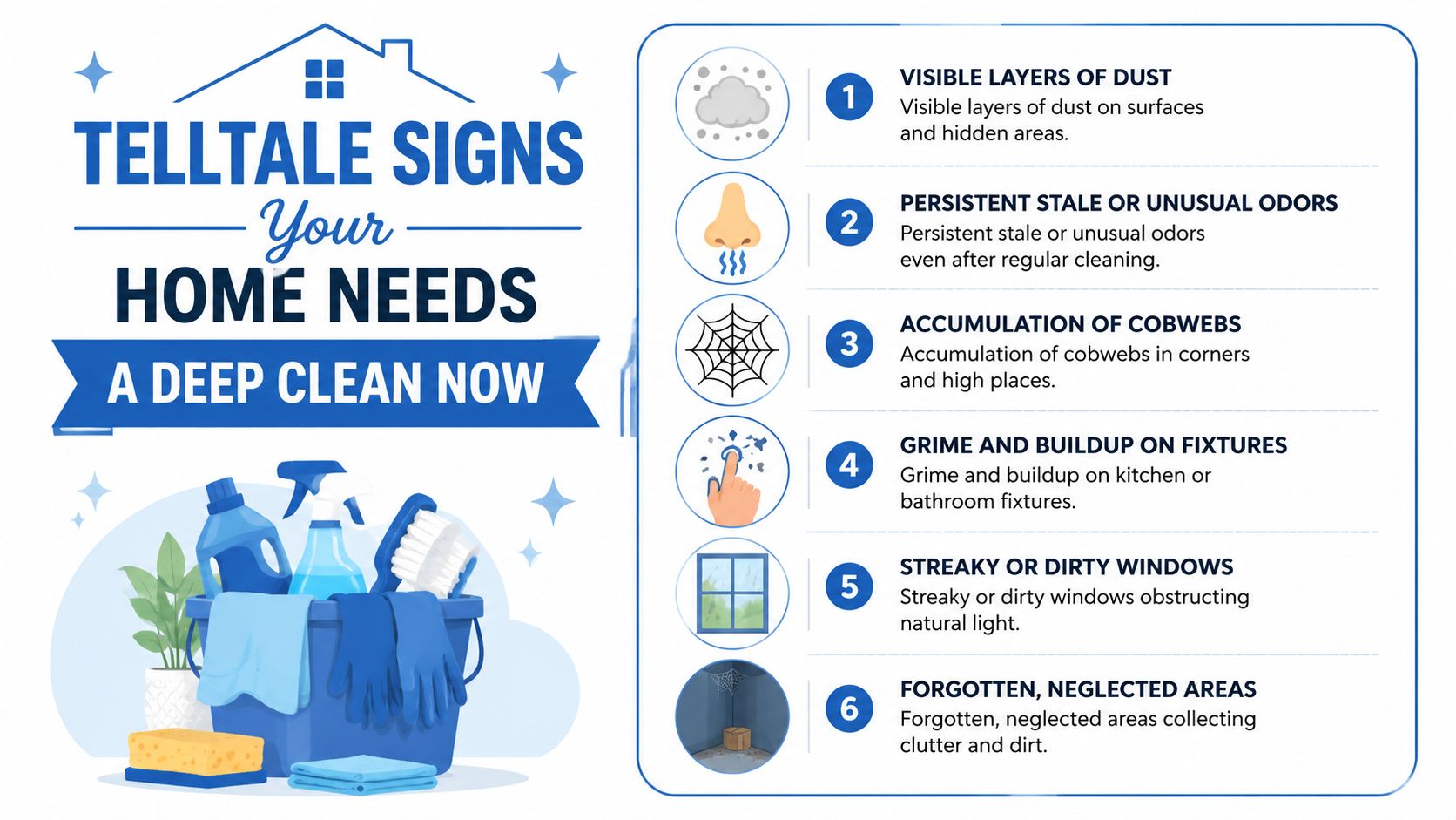 An infographic titled Telltale Signs Your Home Needs A Deep Clean Now with six specific indicators listed.