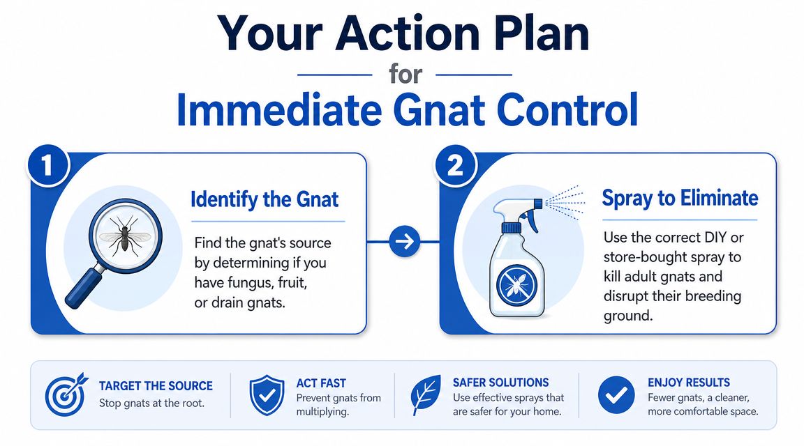 A two-step instructional infographic guide for identifying and eliminating gnats in your home environment.