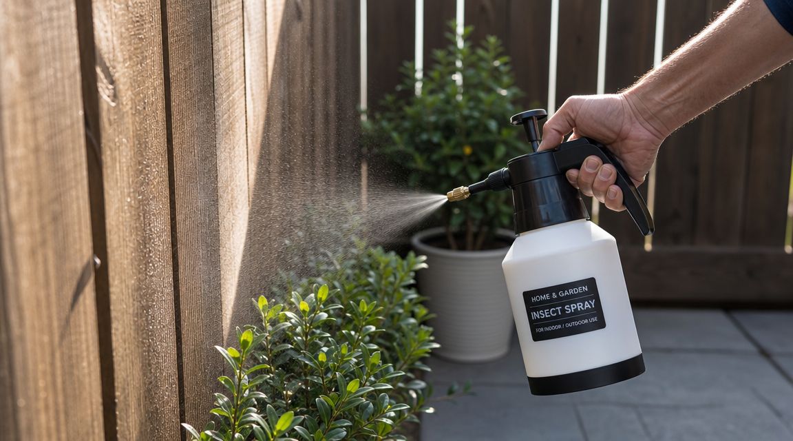 A hand holds a garden pump sprayer to mist plants near a wooden fence in a garden.