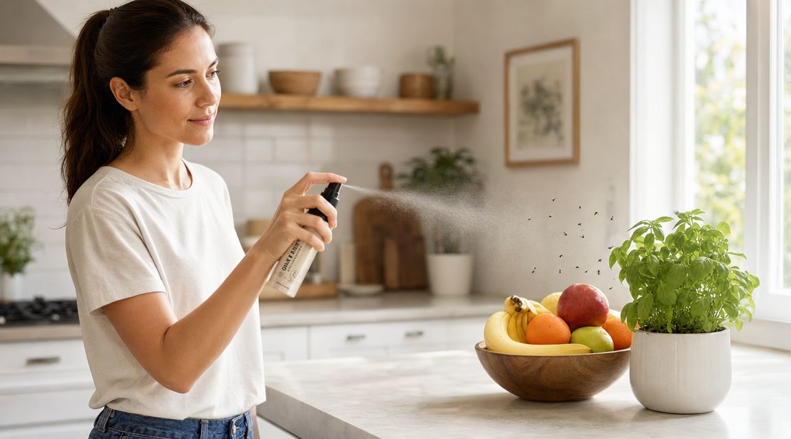 A woman using a spray bottle to eliminate gnats hovering over a bowl of fruit and a plant.