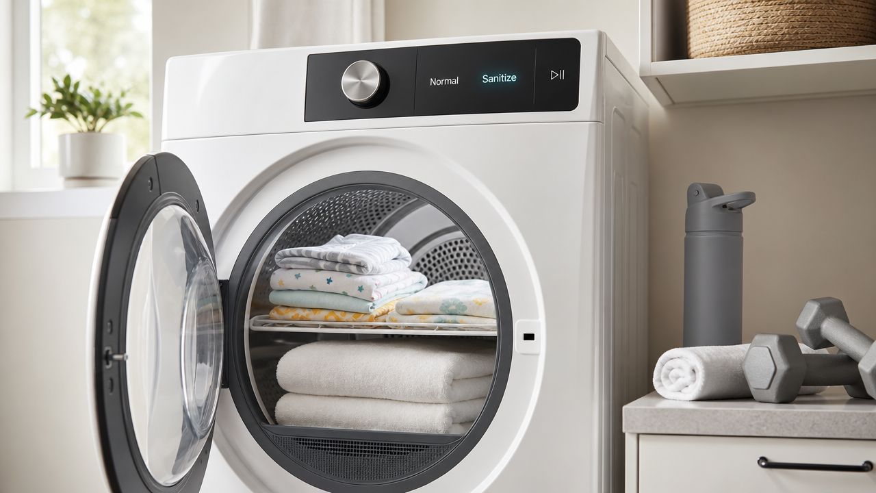 A modern white clothes dryer with its door open, displaying organized laundry on a drying rack inside.