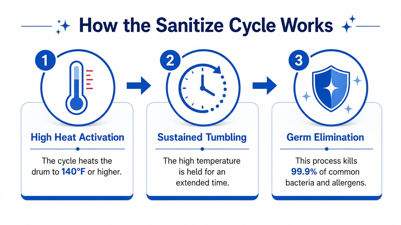 A diagram explaining the three-step sanitize cycle process for clothes dryers with heat, time, and germ removal.