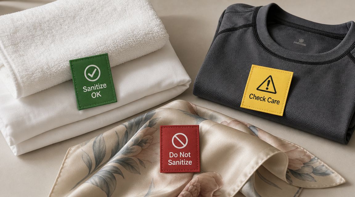 Three folded items of clothing with labels indicating sanitization instructions: Sanitize OK, Check Care, and Do Not Sanitize.