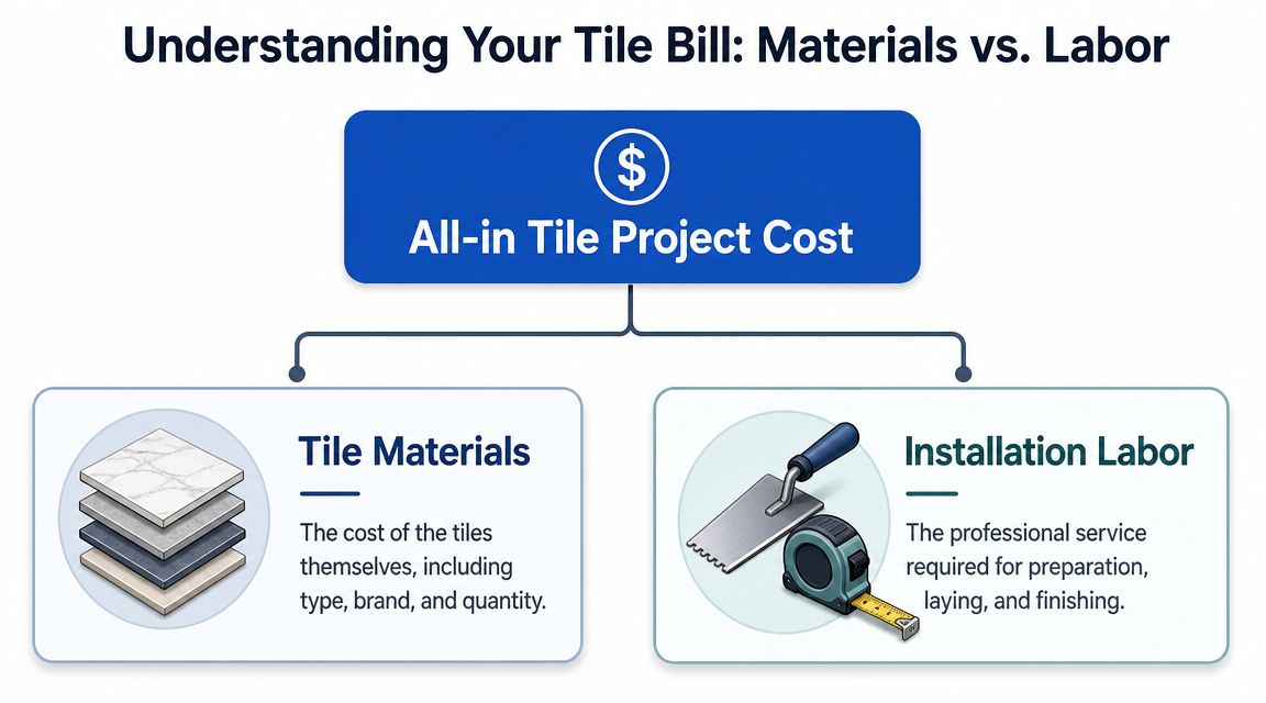 A diagram breaking down tile project costs into two main categories: material expenses and installation labor services.