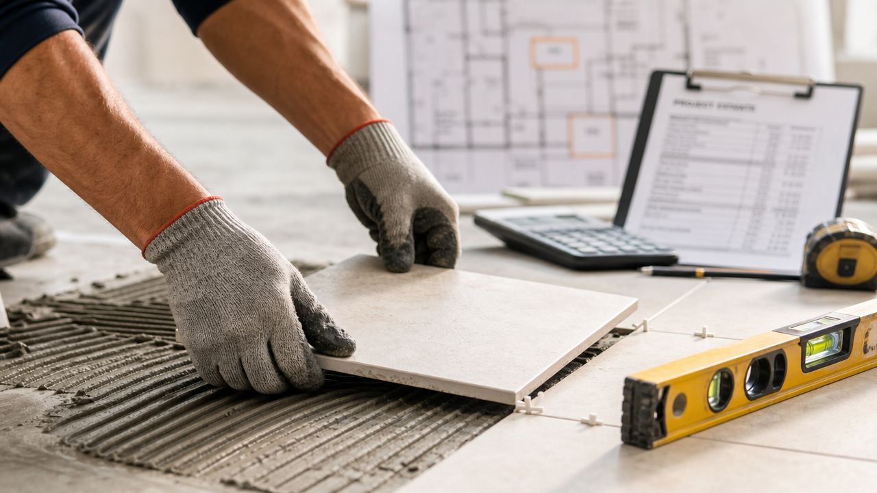 A professional construction worker installing floor tiles while using a spirit level and project plans nearby.