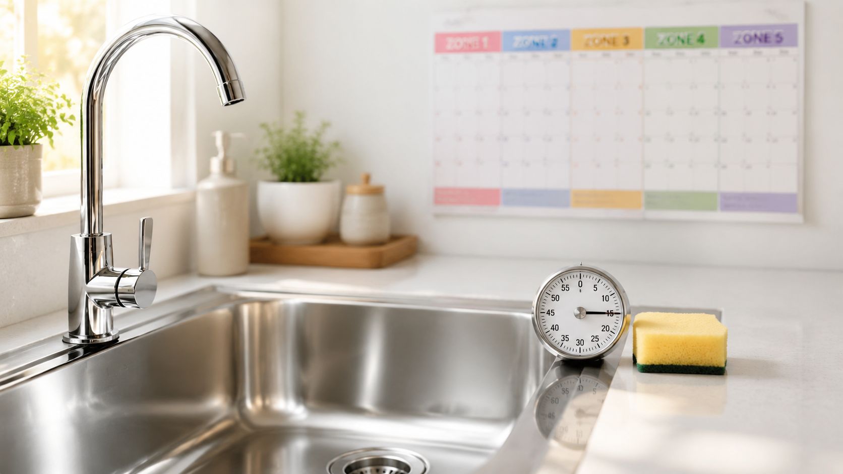 A kitchen sink area featuring a timer, a yellow sponge, and an organized cleaning schedule wall calendar.