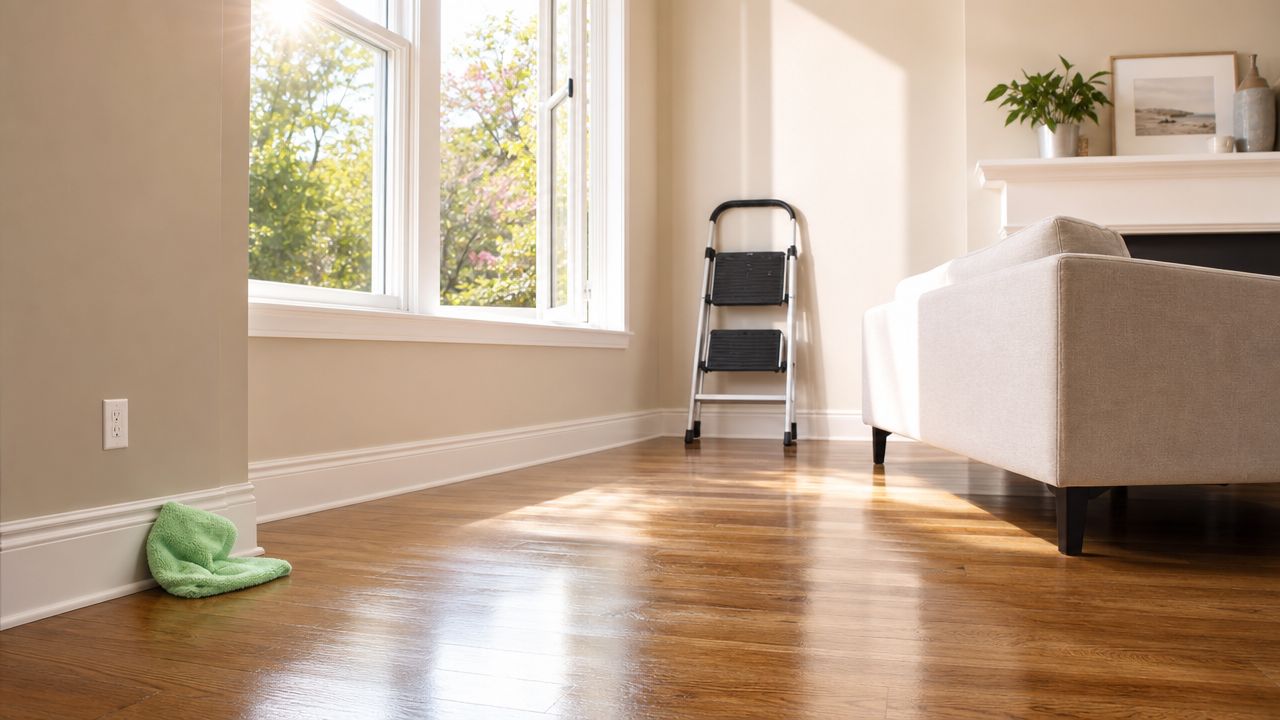 A bright living room with a hardwood floor featuring a green cleaning cloth resting near a white wall.