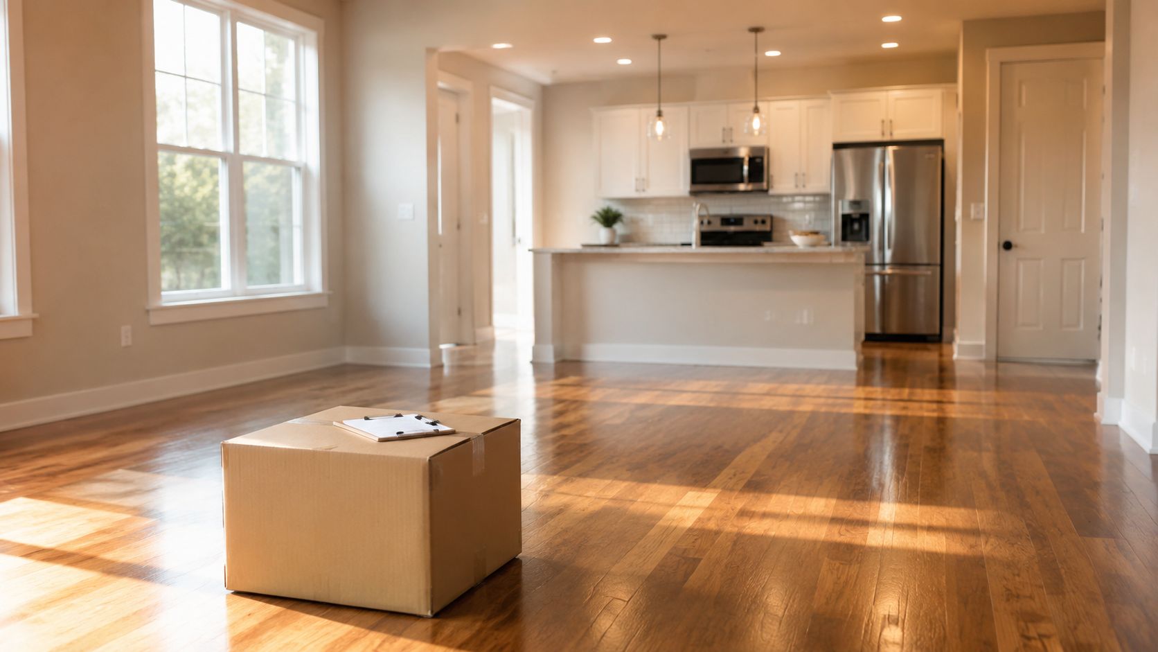 A cardboard box with a clipboard on top, sitting on the hardwood floor of an empty house.