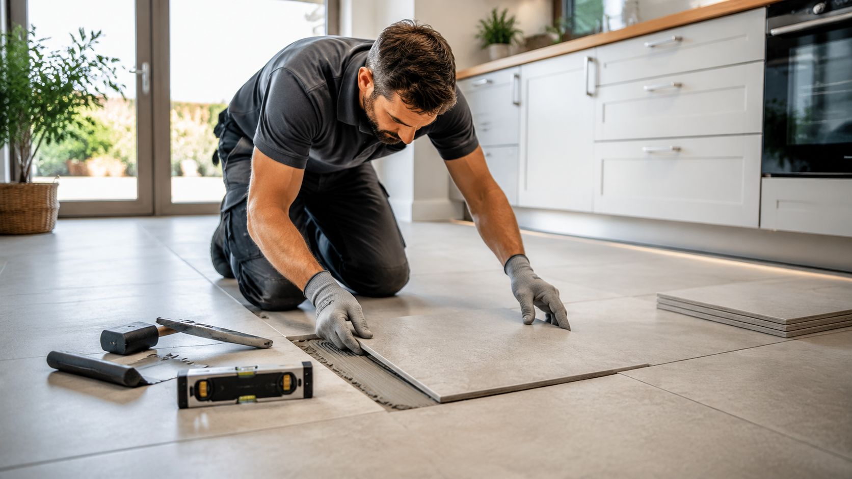 A professional flooring installer in work clothes kneeling to carefully lay a slip resistant tile on the kitchen floor.