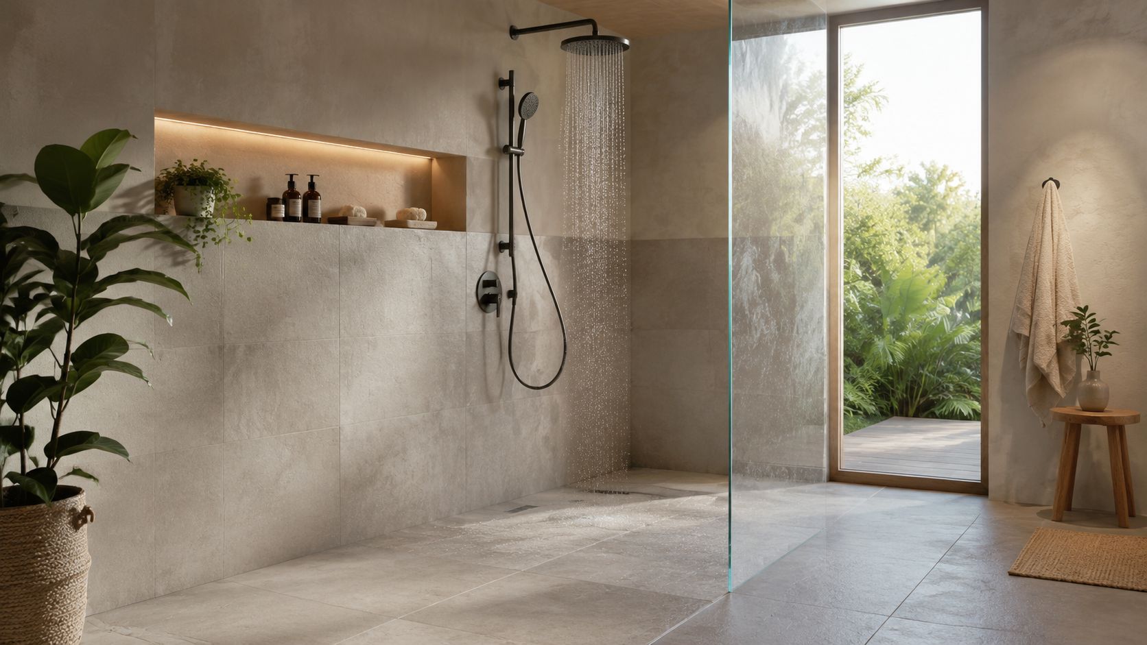 A modern walk-in shower with natural stone tiles, black fixtures, a lush garden view, and indoor plants.