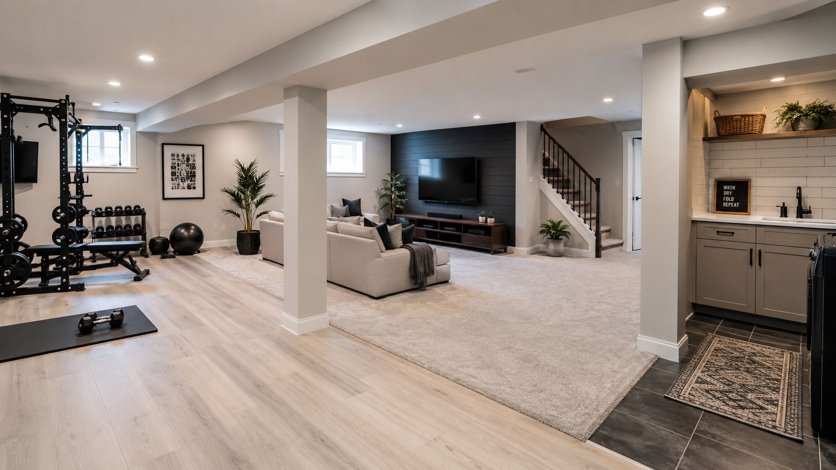 A modern basement featuring a home gym, cozy living area, and a functional kitchenette with laundry station.
