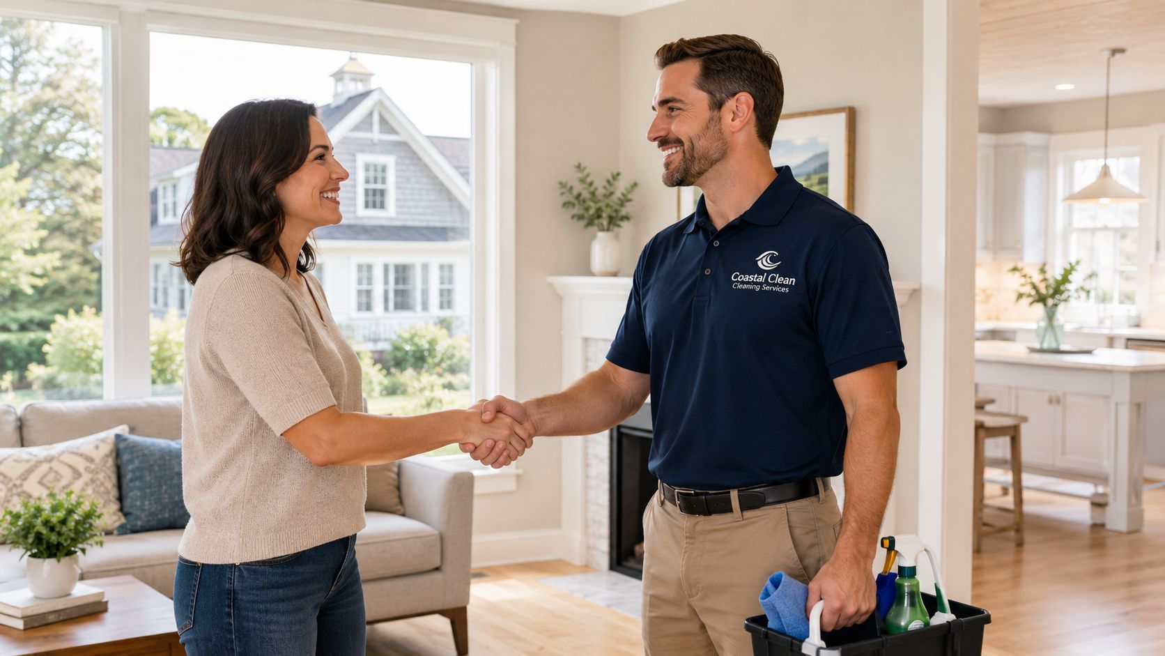A professional cleaner in a navy shirt shaking hands with a happy homeowner in a modern house.