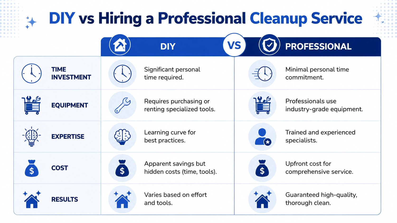 A comparison chart outlining the pros and cons of DIY versus hiring professional cleanup services for projects.