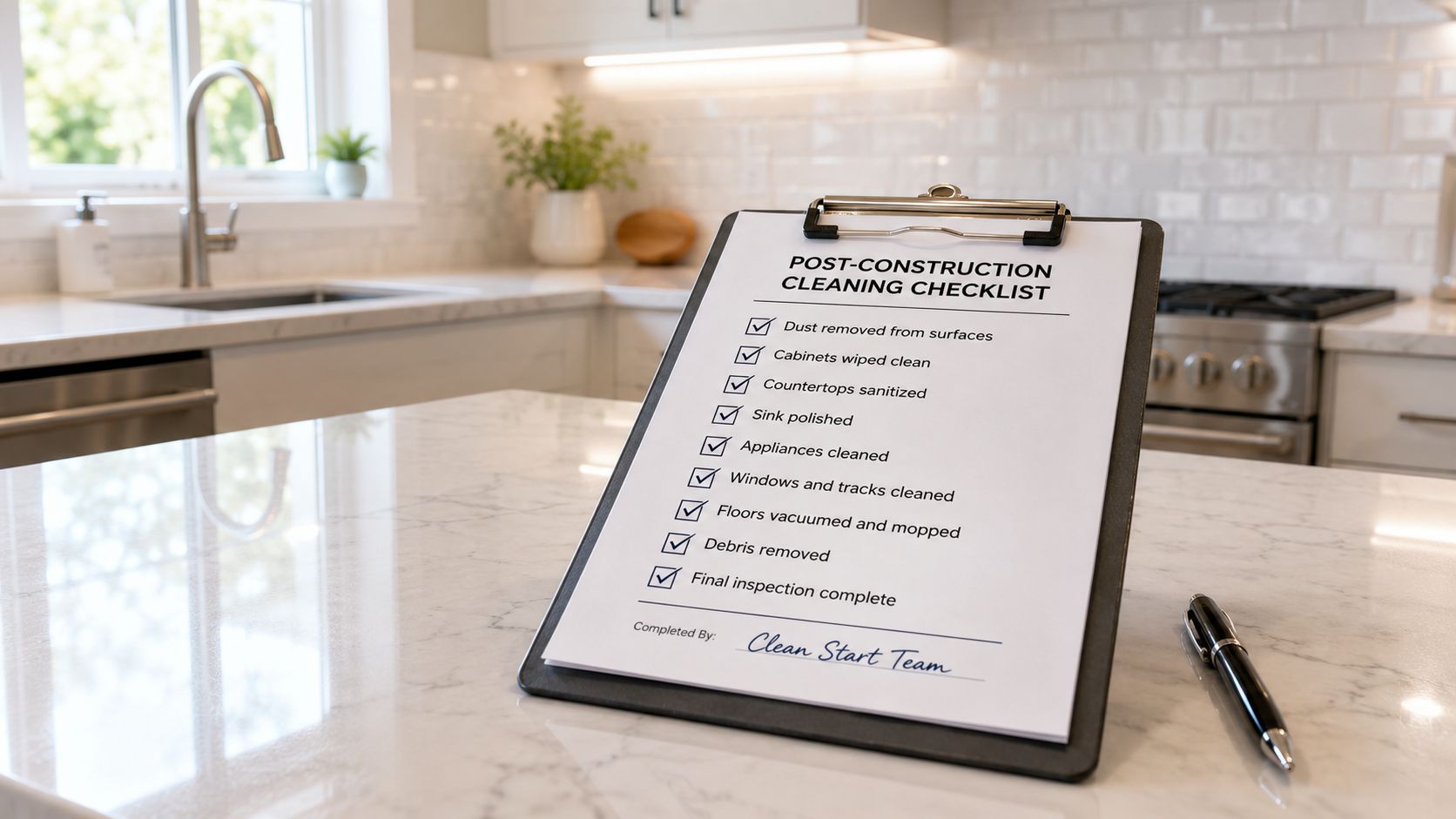 A clipboard with a post-construction cleaning checklist rests on a clean marble kitchen island countertop.