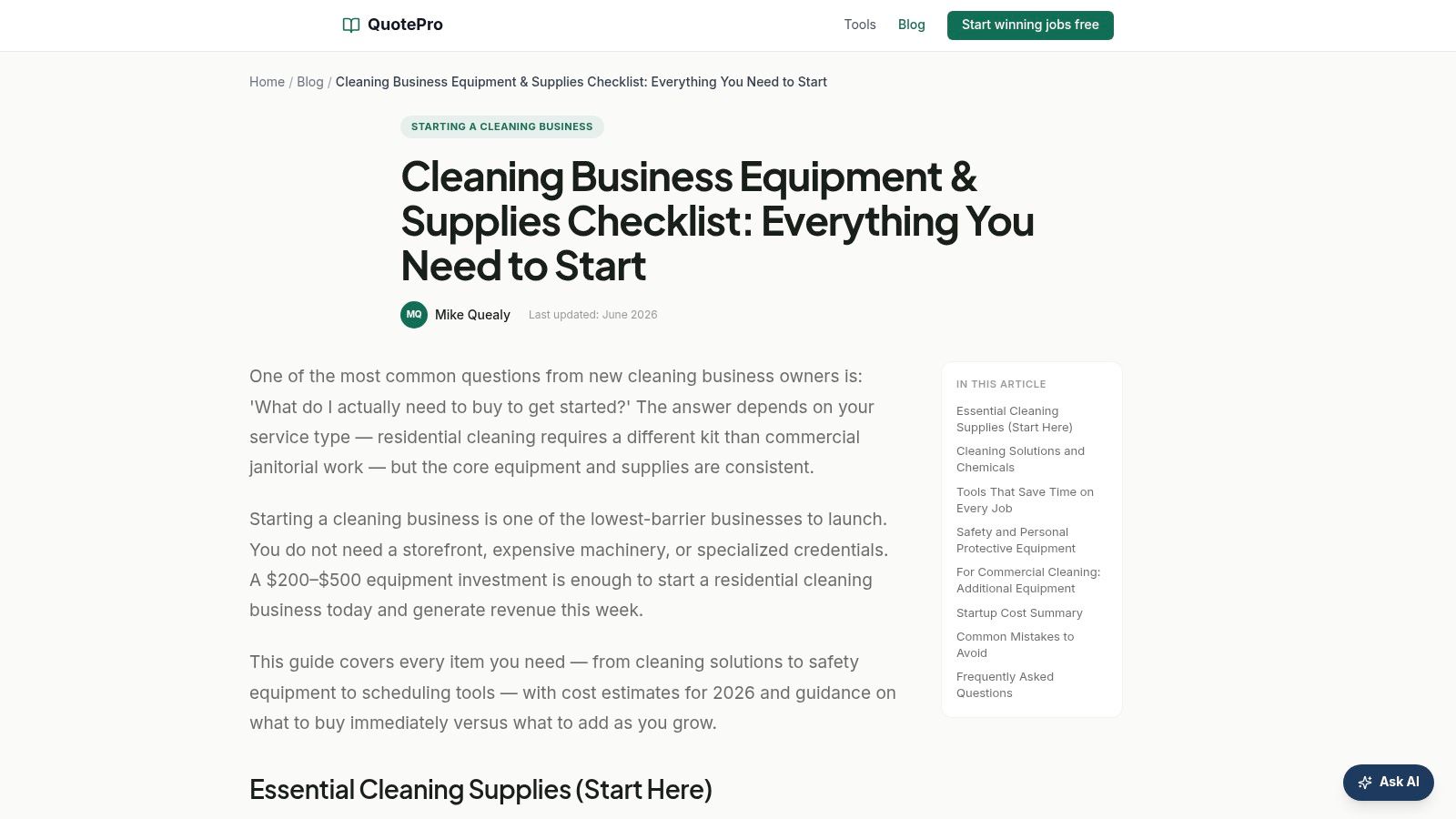QuotePro for Cleaners – Cleaning Business Equipment & Supplies Checklist