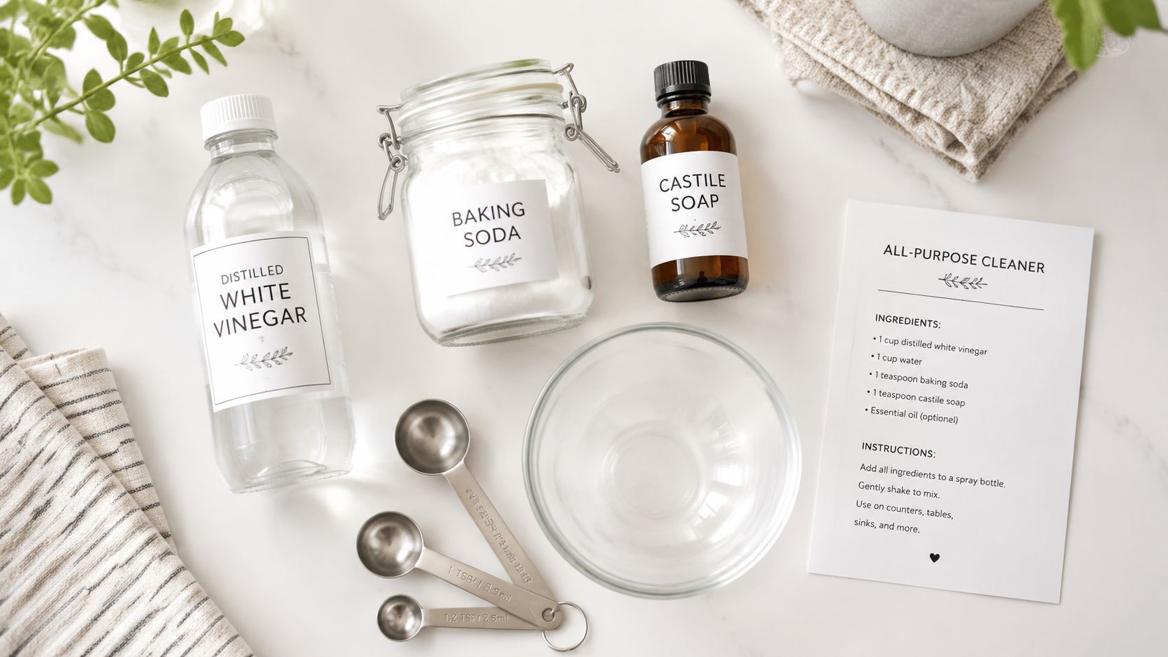 A top-down view of ingredients for a homemade, low VOC natural all-purpose cleaner on a table.
