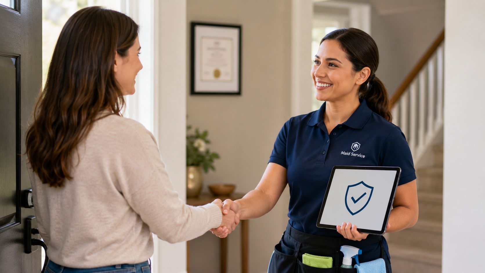 A professional maid service worker shakes hands with a homeowner while showing a tablet with a shield icon.