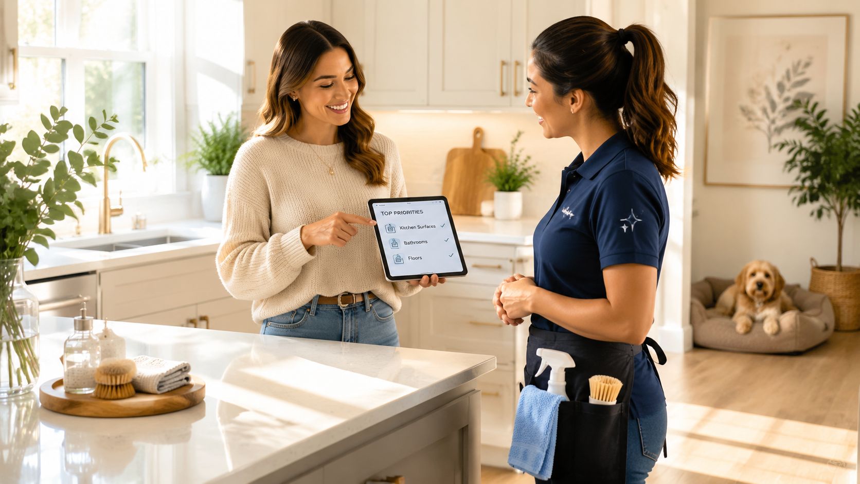 A professional housekeeper discussing cleaning priorities with a homeowner while holding a digital tablet in a kitchen.
