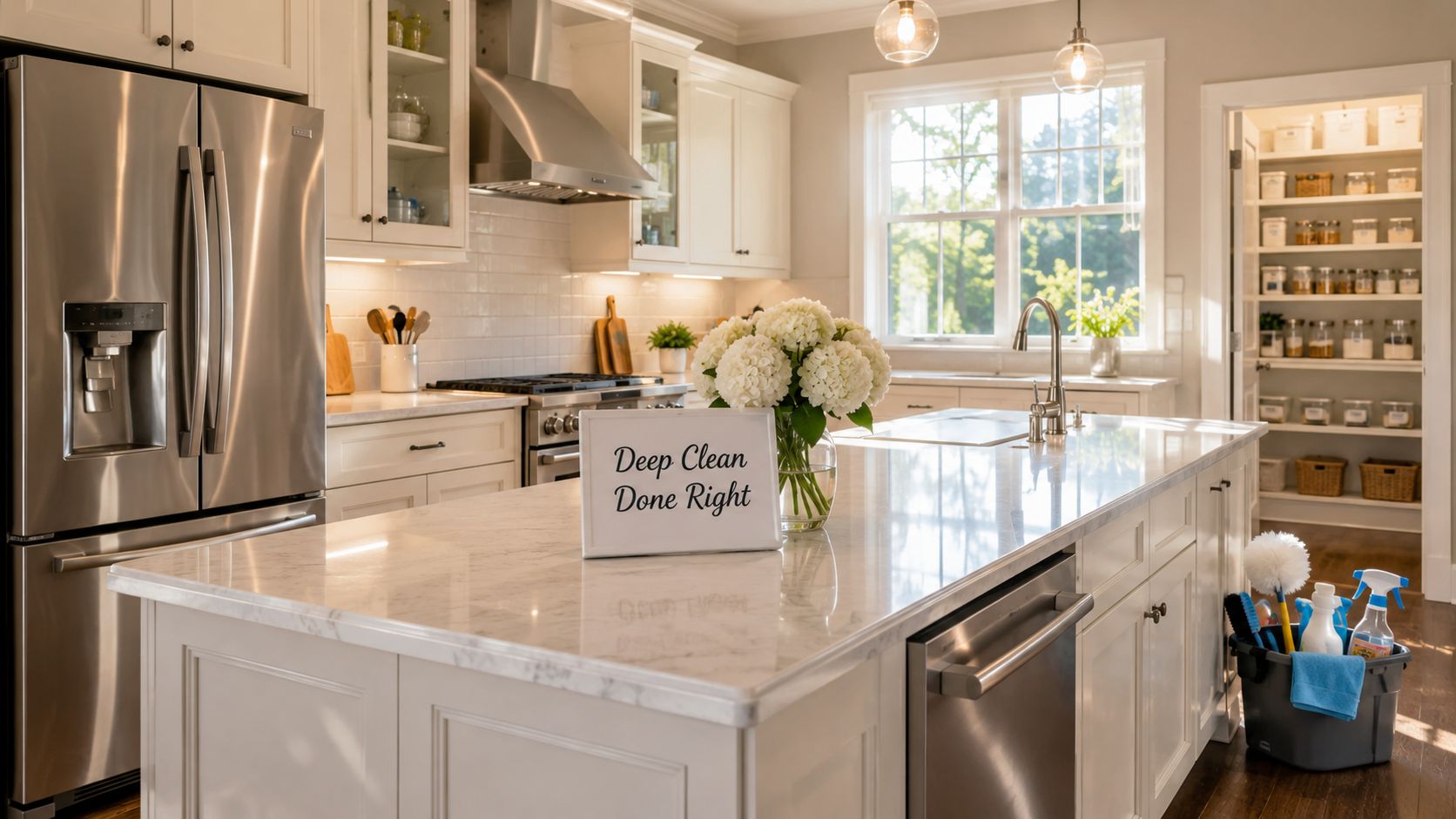 A clean, bright kitchen island with a sign reading Deep Clean Done Right and cleaning supplies nearby.