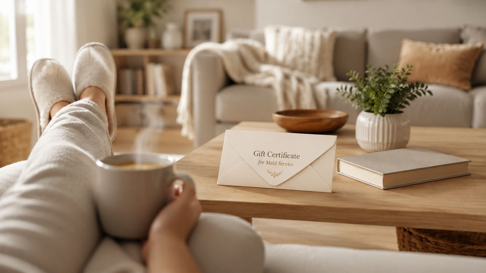 A person relaxing on a couch with a steaming cup of coffee next to a maid service gift certificate.