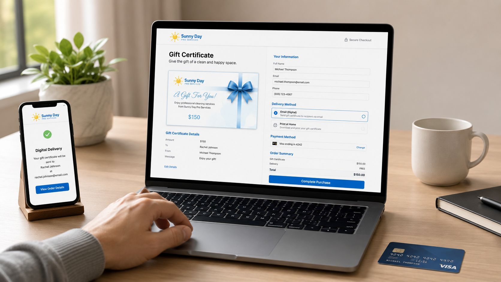 A person using a laptop to purchase a Sunny Day Pro Services gift certificate for cleaning.