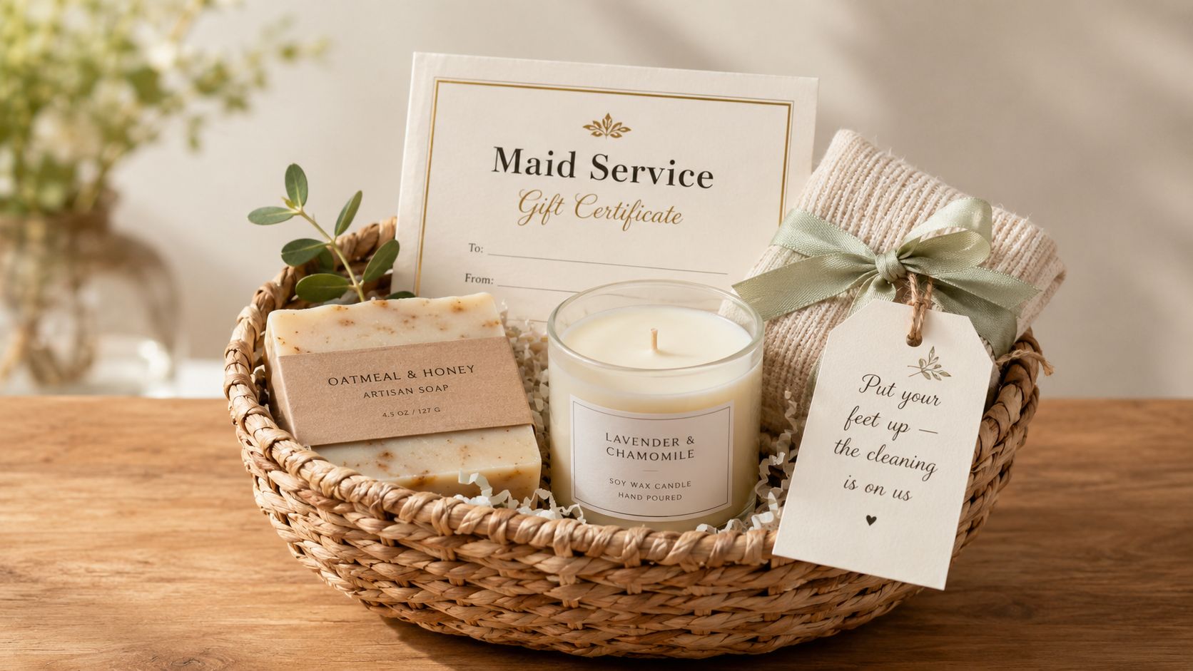 A gift basket featuring a maid service gift certificate, artisan soap, a candle, and a decorative tag.